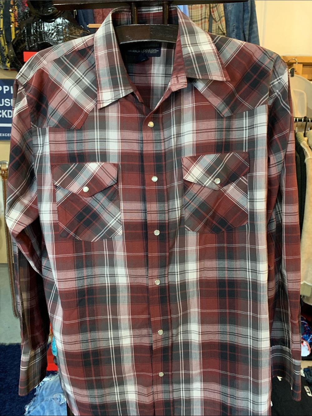 Men's Maroon Plaid Western Button-Down Shirt - Unknown Brand